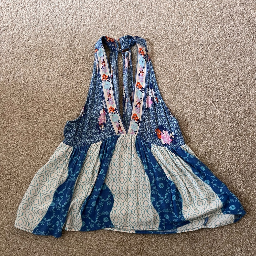 Free People Floral Blue and Orange Halter Top